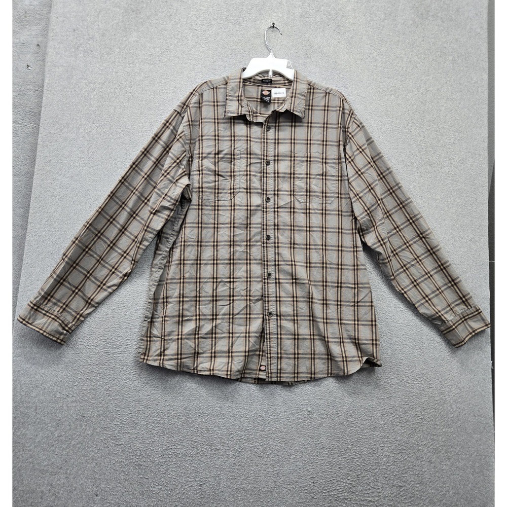 Dickies Men Button Up Shirt XL Gray Plaid Work Relaxed Fit Pockets Long Sleeve